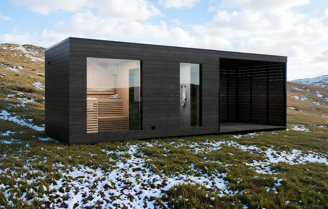 Wide front view of garden sauna with shower Caldori Primatherma SPGT in private wellness garden