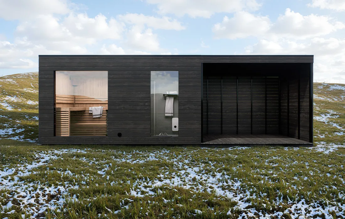 Garden sauna with shower by Caldori Primatherma SPGT front view in modern private garden setting