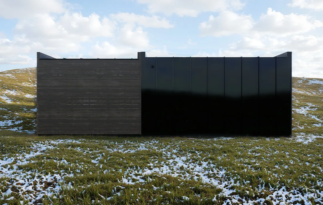 Rear view of garden sauna with shower Caldori Primatherma SPGT showing ventilation and exterior structure