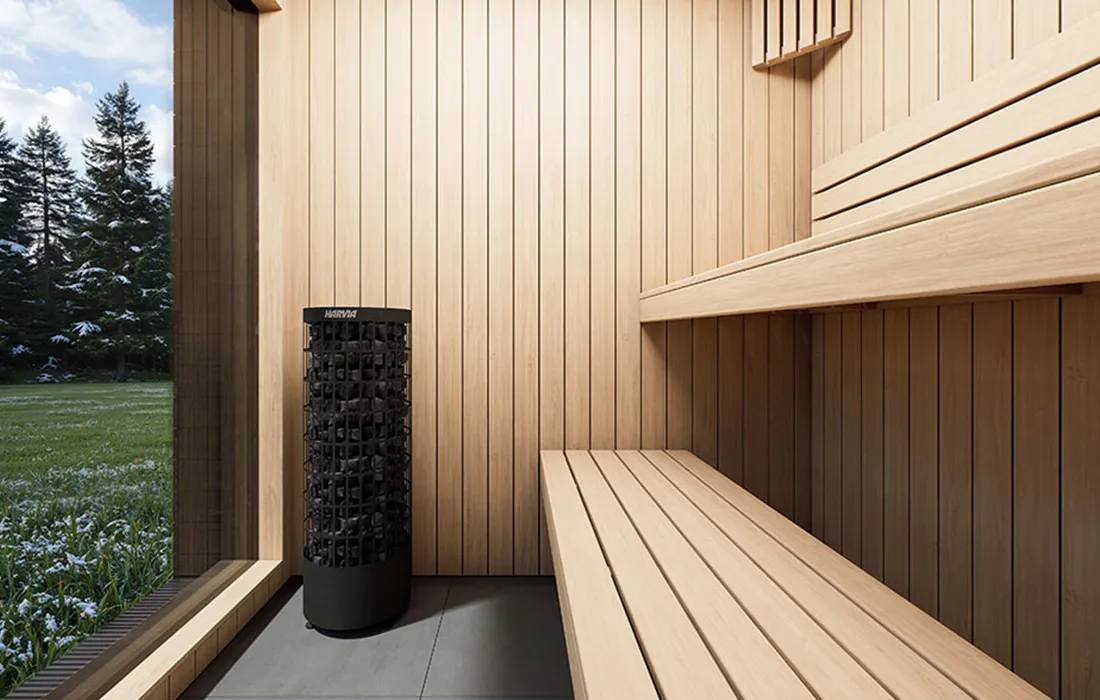 MiniTherma Model S sauna interior with premium alder benches and high-performance heater