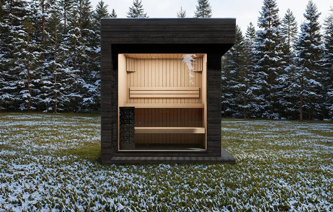 Modern garden sauna facade with panoramic glazing and elegant architectural design