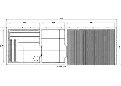Top view floor plan of garden sauna with terrace Caldori Primatherma SGT showing sauna, vestibule, and outdoor relaxation area