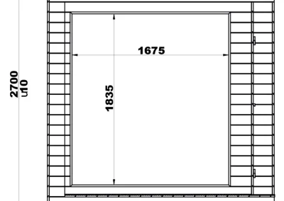 Outdoor sauna front elevation window drawing showing facade and glazing dimensions