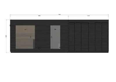Front elevation of Caldori Primatherma SPGT garden sauna with shower showing facade and technical dimensions