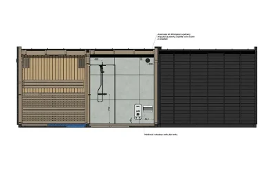 Interior section of Caldori Primatherma SPGT garden sauna with shower showing sauna room shower area and vestibule