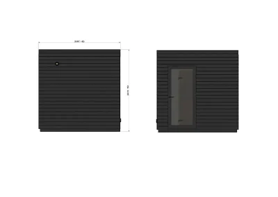 Side elevation of Caldori Primatherma SPGT garden sauna with shower showing height roof structure and measurements