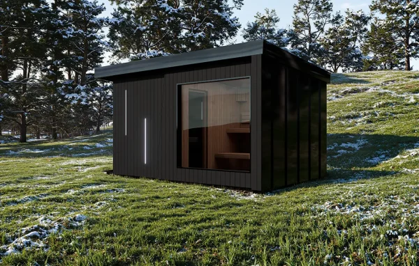 Therma Imperia SP luxury garden sauna with shower viewed from the right front perspective