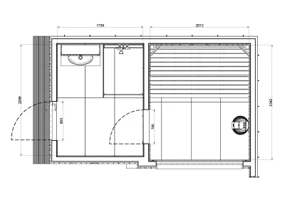 Therma Imperia SP sauna floor plan with dimensions showing shower and washbasin layout